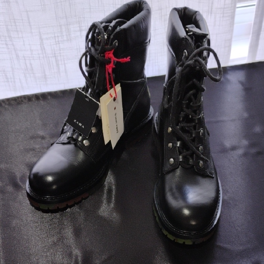 Zara Black Leather Combat Boots